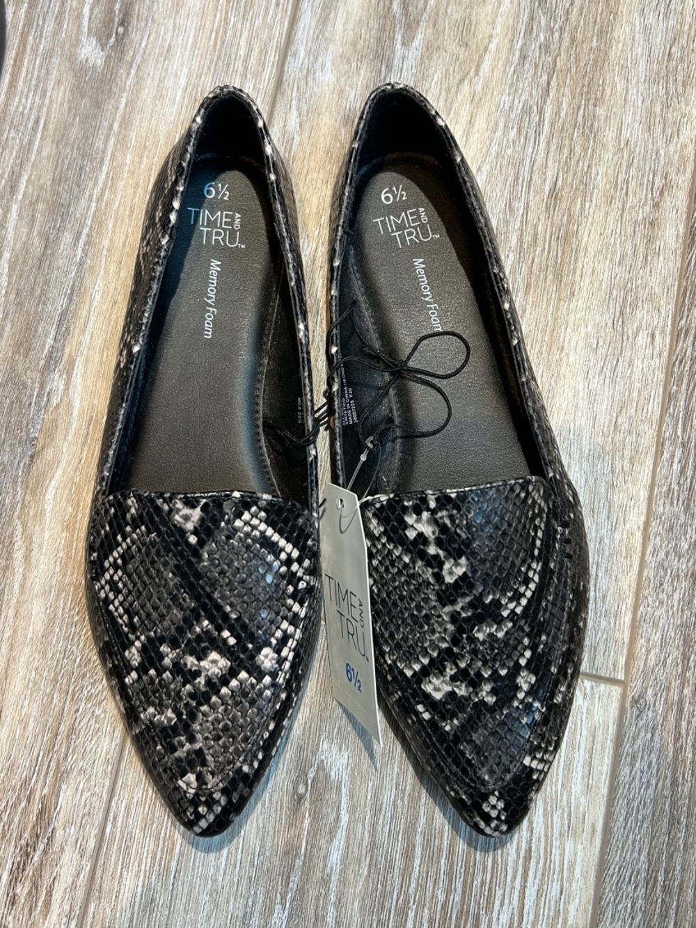 Time and Tru Black Snake-Print Pointed Toe Loafers